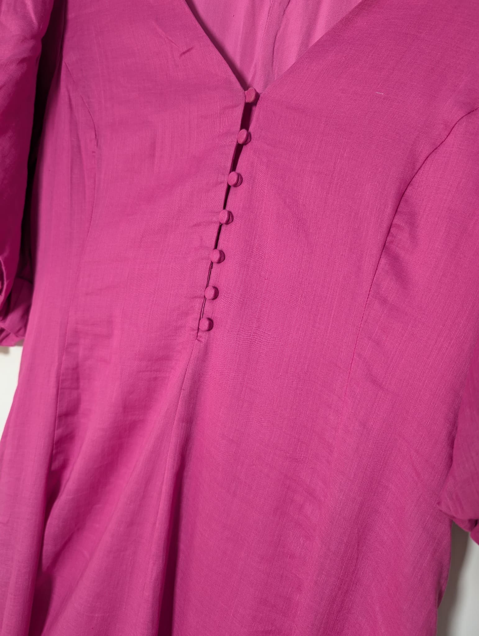 Blue Illusion Midi Dress Magenta Puff Sleeve Button-Front Size M — photo 2 of 10