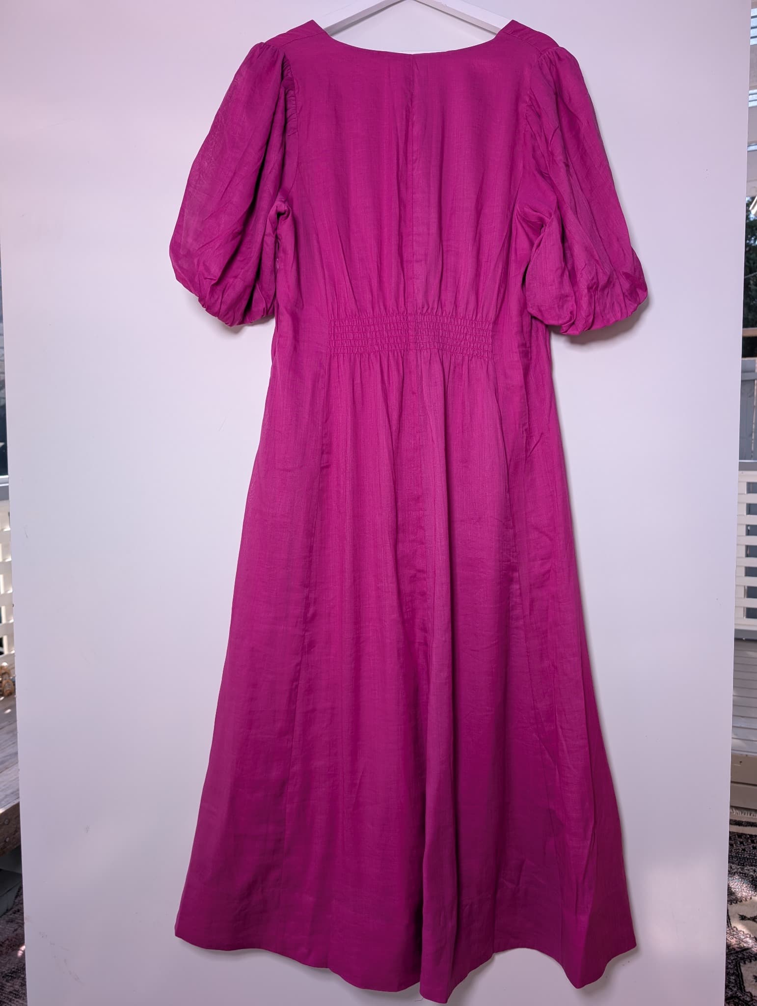 Blue Illusion Midi Dress Magenta Puff Sleeve Button-Front Size M — photo 5 of 10