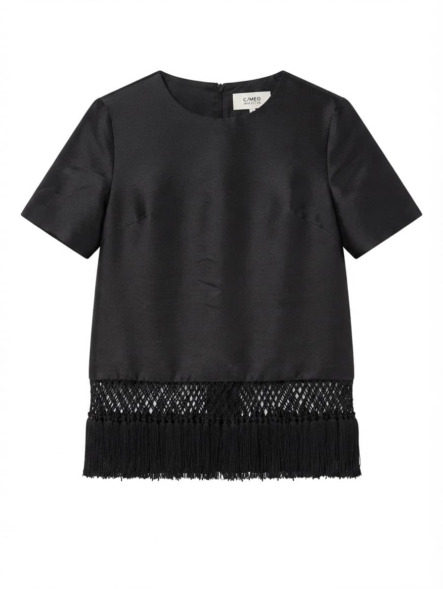 C/MEO Collective Satin Top with Macrame Fringe Hem Black XS — photo 1 of 7