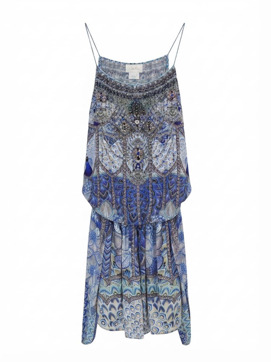 Camilla Silk Embellished Cami Dress Blue Patterned Size S — photo 1 of 14