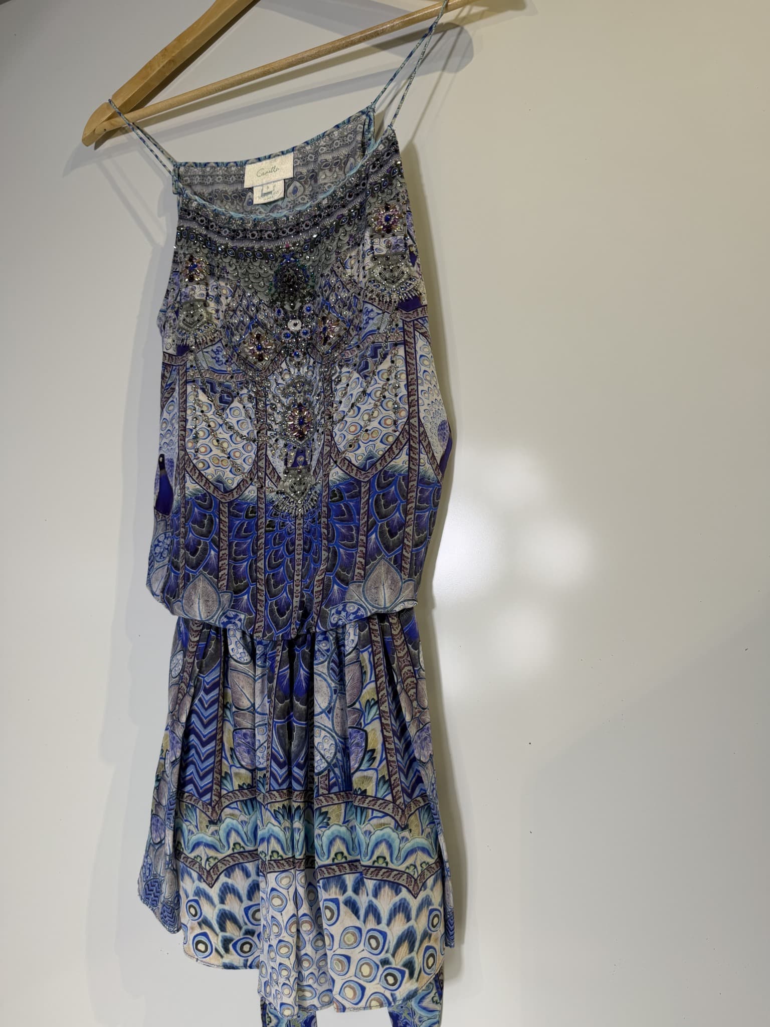 Camilla Silk Embellished Cami Dress Blue Patterned Size S — photo 7 of 14