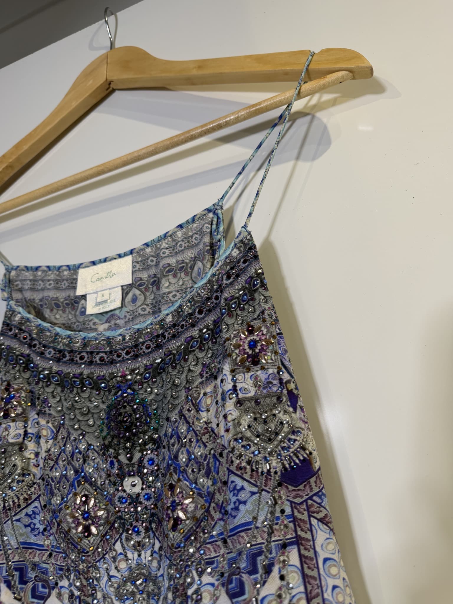 Camilla Silk Embellished Cami Dress Blue Patterned Size S — photo 8 of 14