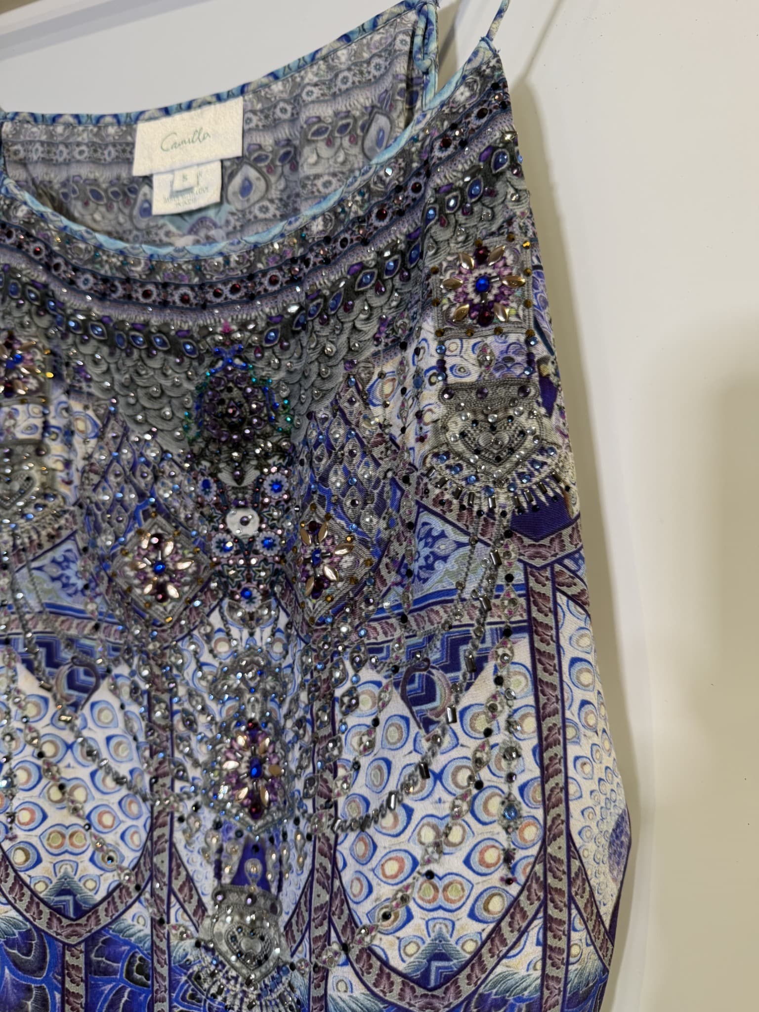 Camilla Silk Embellished Cami Dress Blue Patterned Size S — photo 9 of 14