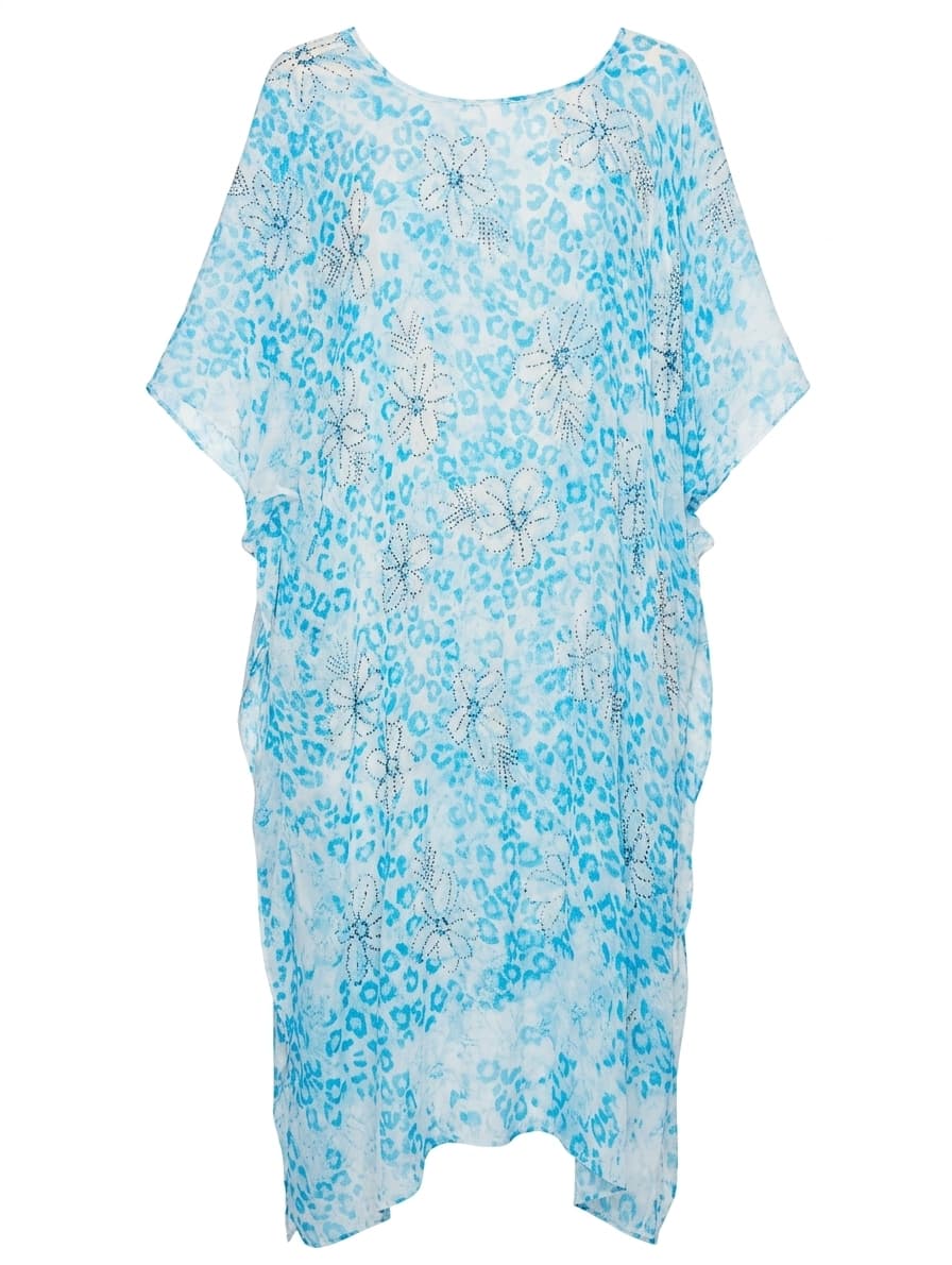 Camilla Silk Kaftan - Blue & White Animal Print Embellished Cover-Up — photo 1 of 7