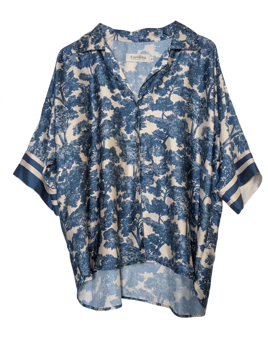 Carolina Lifestyle Blue Toile Print Satin Blouse - Size SM — photo 1 of 6
