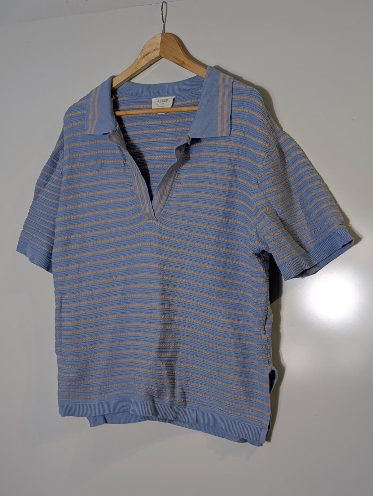 Ceres Life Striped Knit Polo Shirt - Blue & Beige Short Sleeve — photo 1 of 8