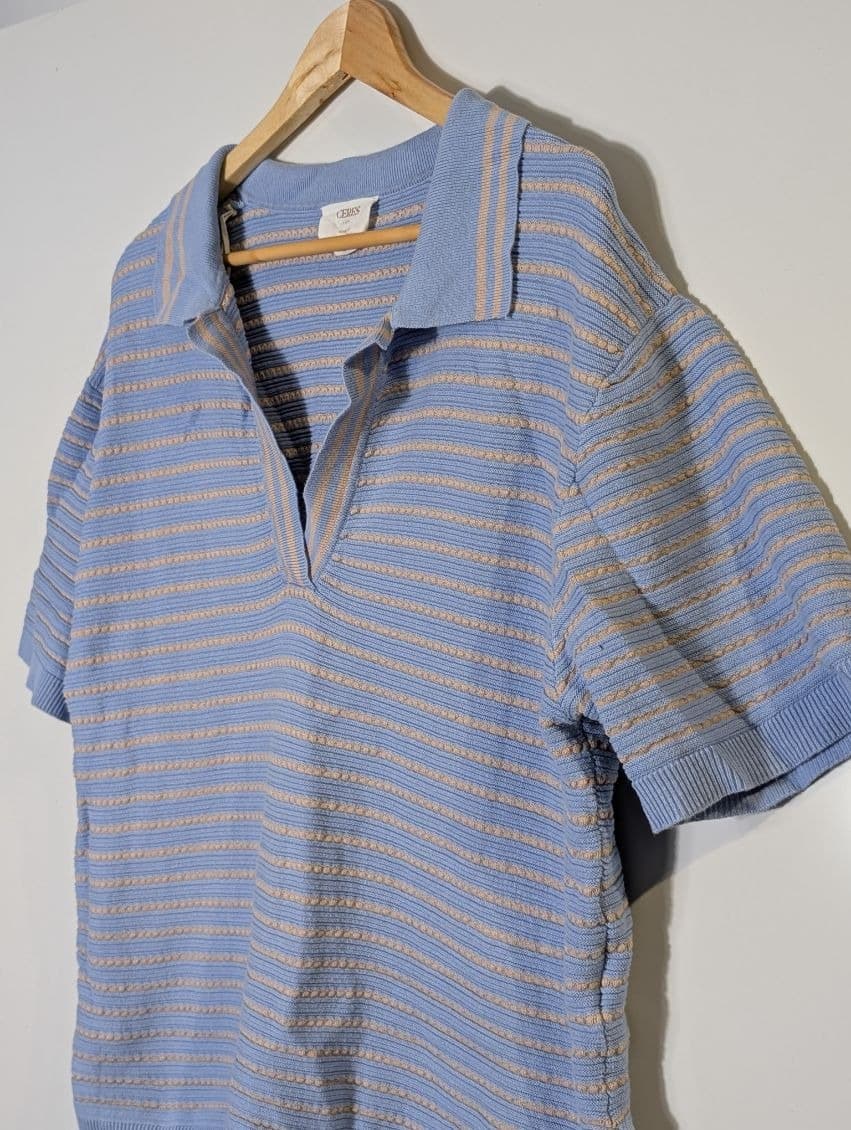 Ceres Life Striped Knit Polo Shirt - Blue & Beige Short Sleeve — photo 4 of 8