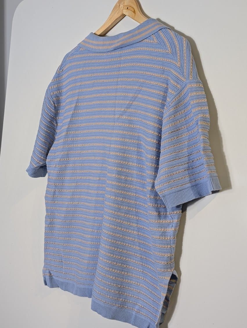 Ceres Life Striped Knit Polo Shirt - Blue & Beige Short Sleeve — photo 5 of 8
