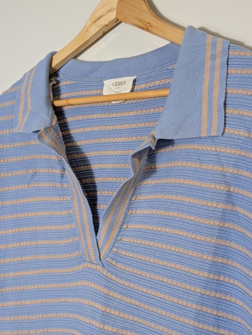 Ceres Life Striped Knit Polo Shirt - Blue & Beige Short Sleeve — photo 6 of 8