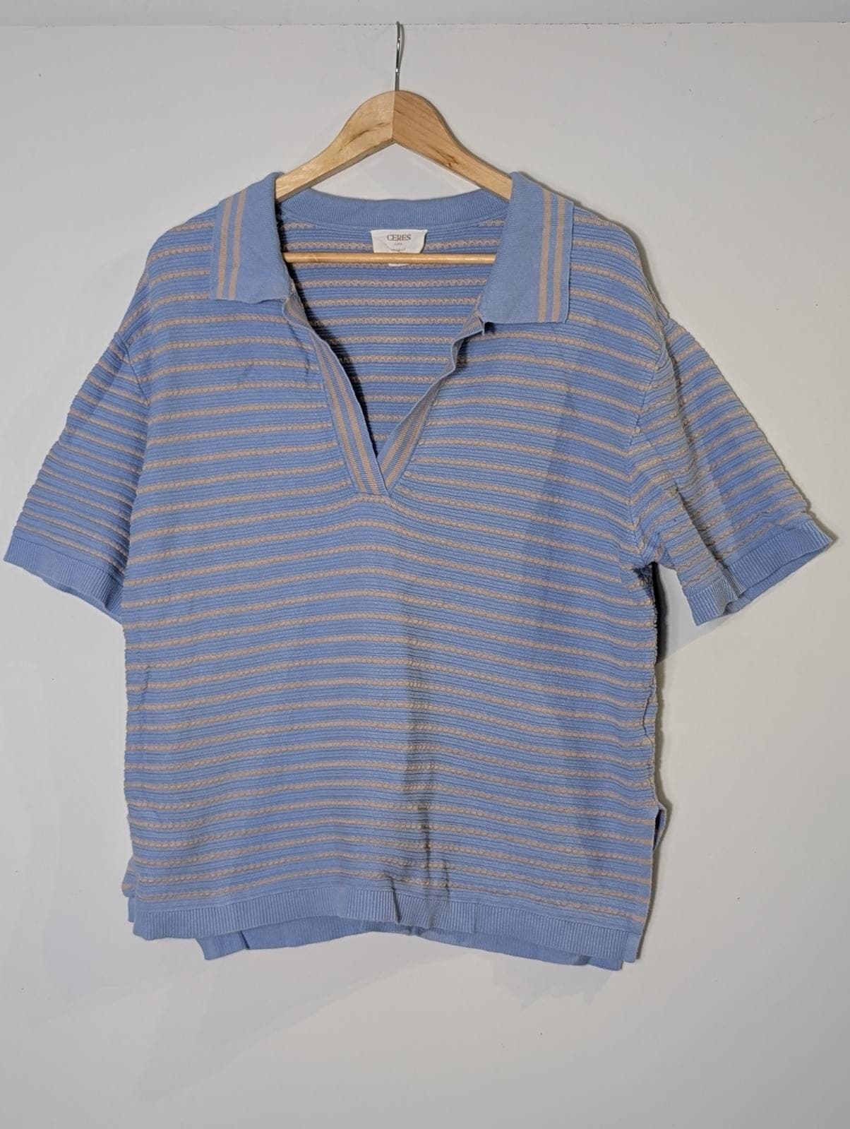 Ceres Life Striped Knit Polo Shirt - Blue & Beige Short Sleeve — photo 7 of 8