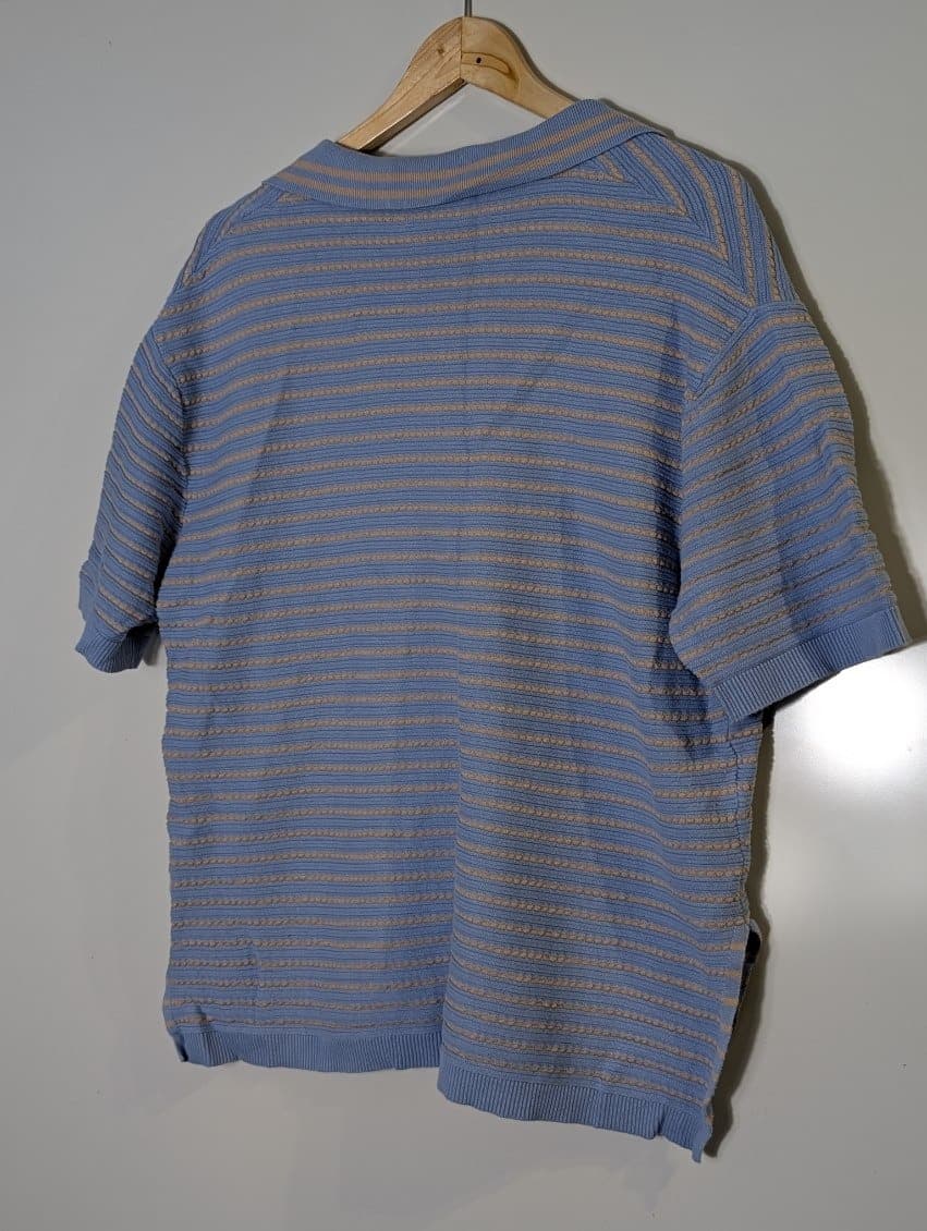 Ceres Life Striped Knit Polo Shirt - Blue & Beige Short Sleeve — photo 8 of 8