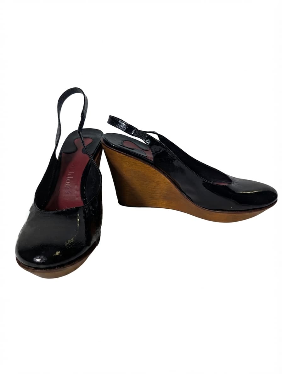 Chloé Patent Leather Slingback Wedge Sandals Black — photo 1 of 9