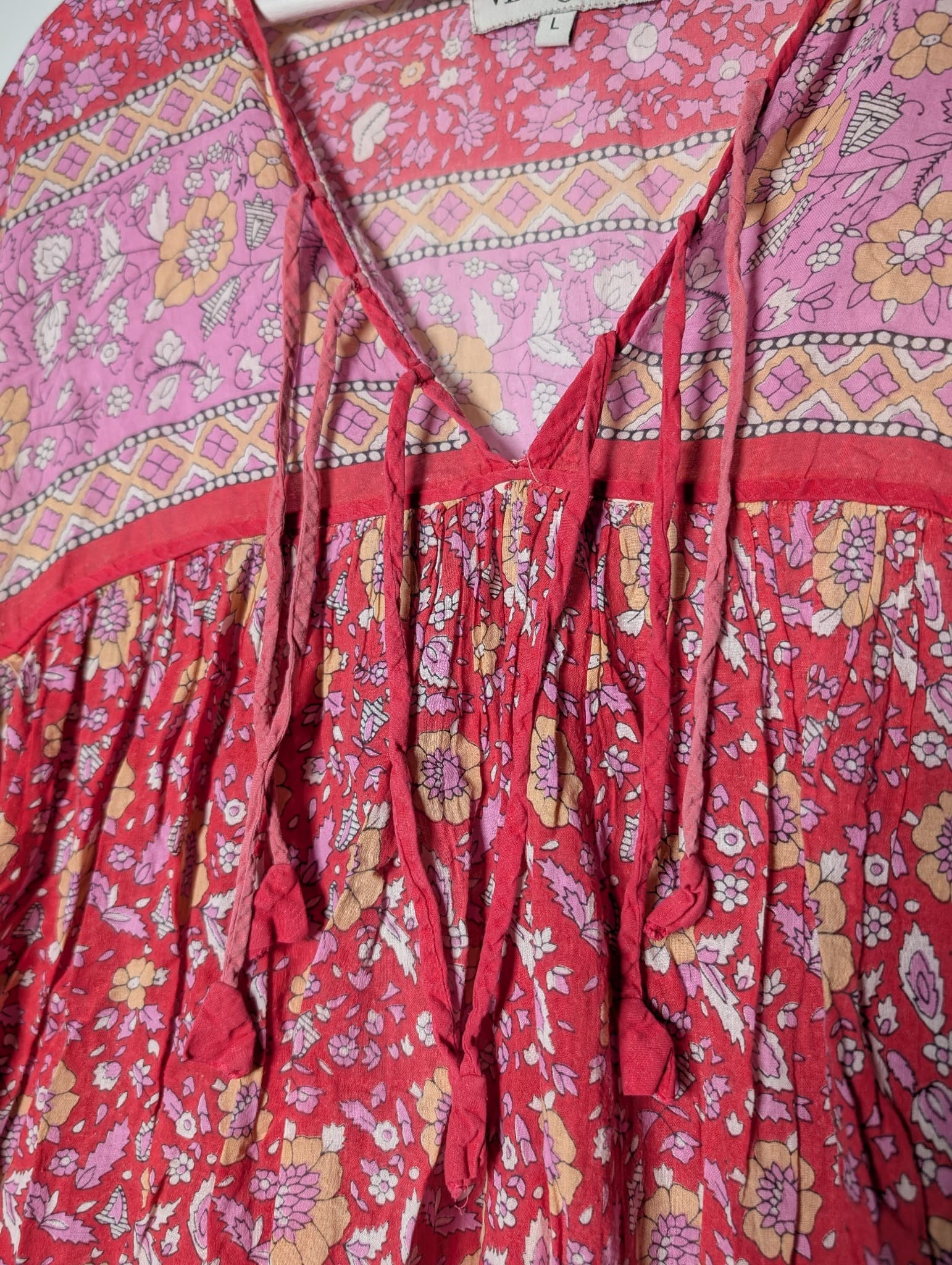 Chowchilla Vintage Floral Boho Tunic Dress Pink & Red Size L — photo 3 of 8