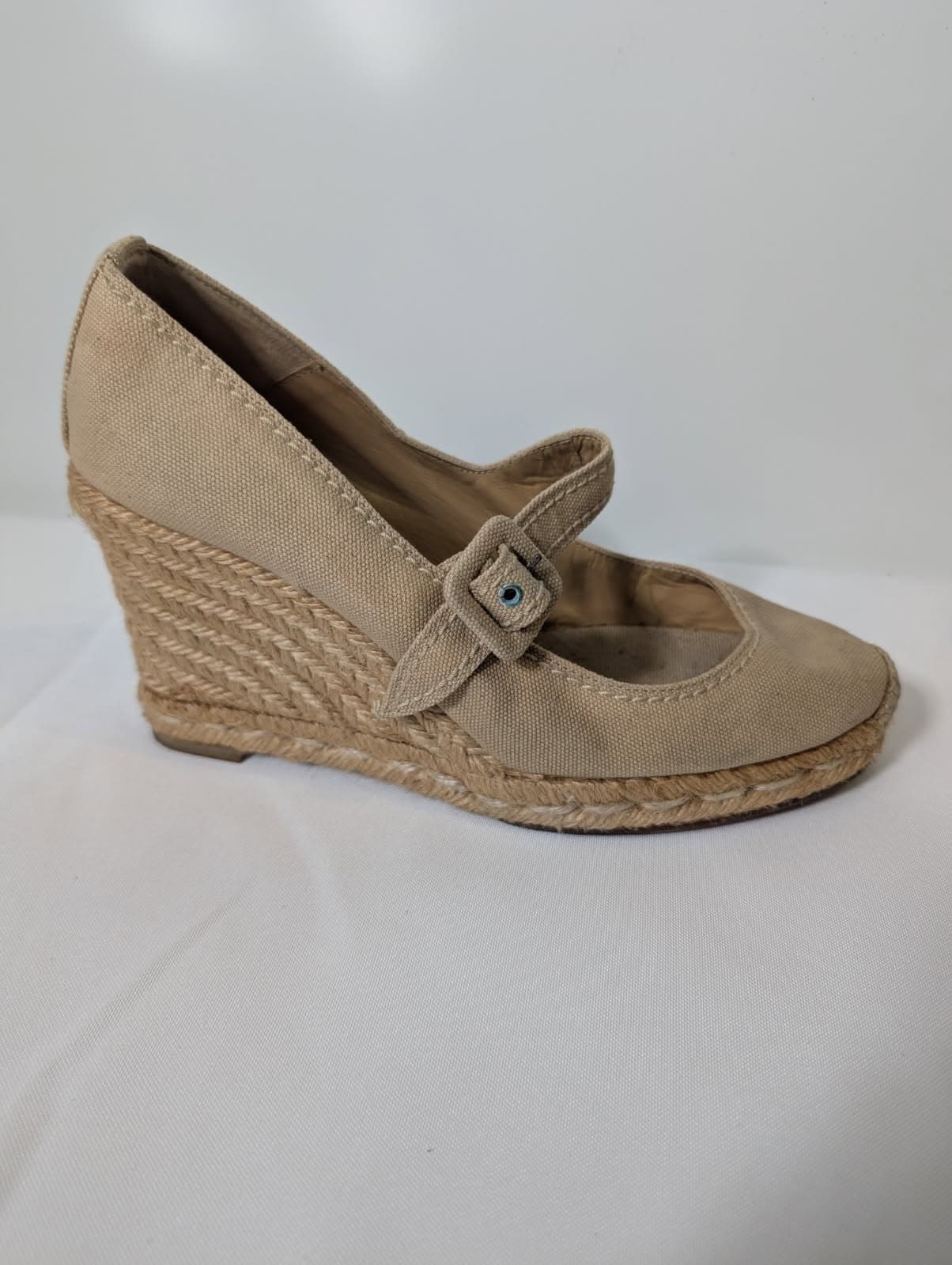Christian Louboutin Beige Canvas Espadrille Wedge Mary Jane Shoes — photo 2 of 8