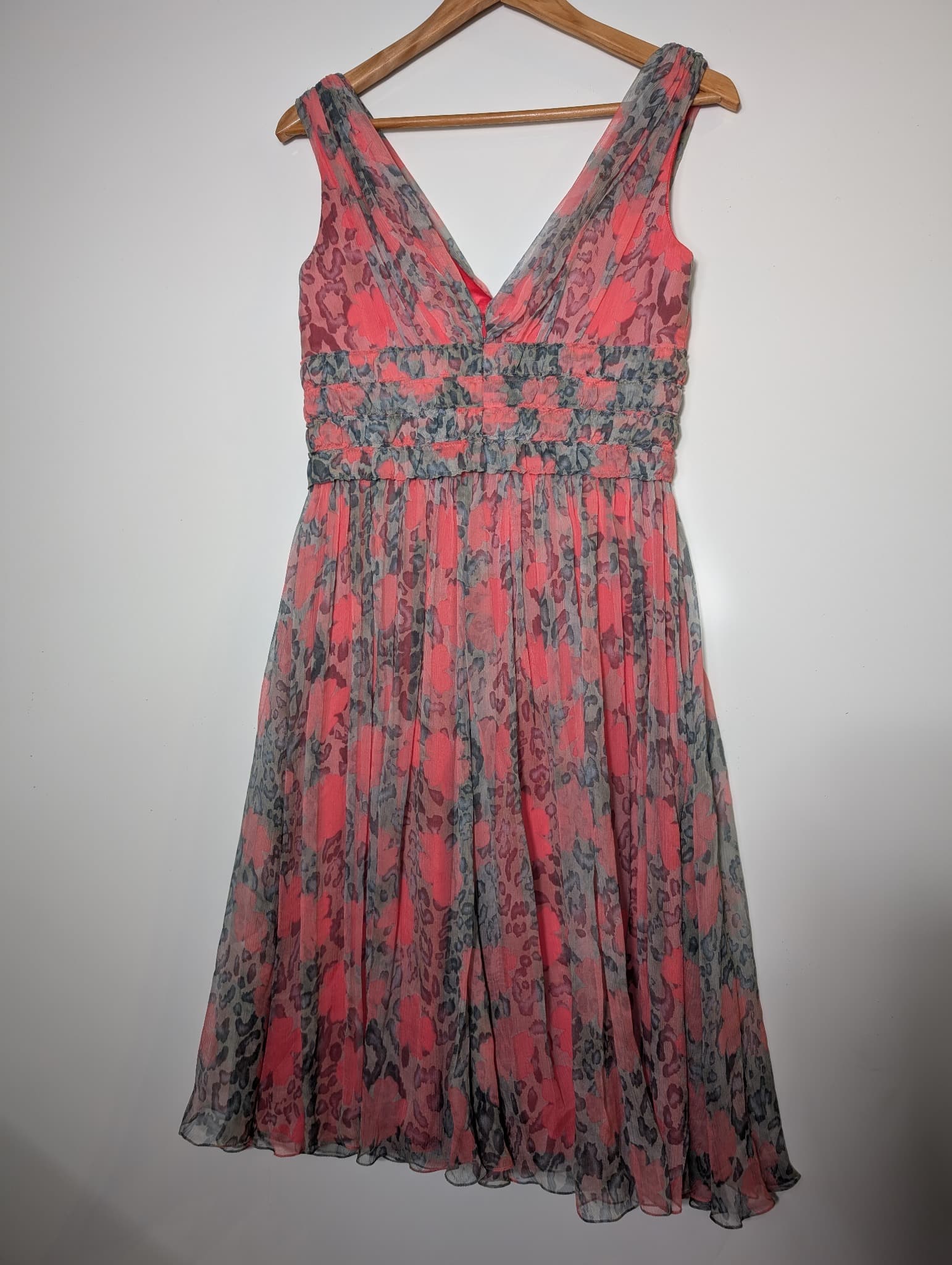 Collette Dinnigan Silk Chiffon Midi Dress Coral Leopard Print XS — photo 2 of 4