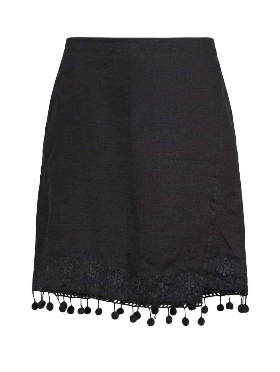 DKNY Linen Wrap Skirt Black Embroidered Hem Size 4 — photo 1 of 7