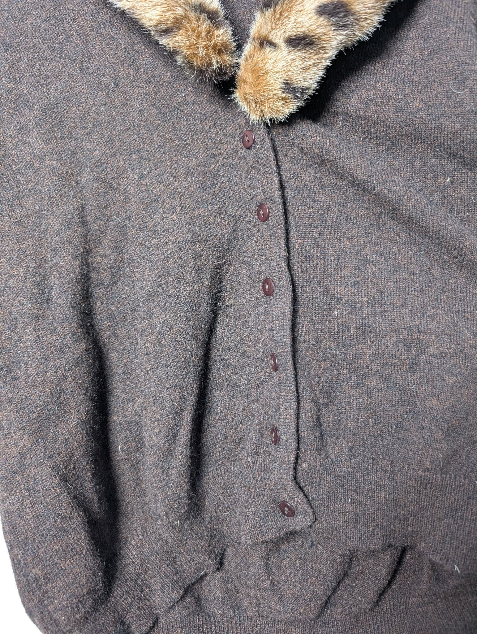 East Knit Cardigan Brown Leopard Print Faux Fur Collar Women's Size S — photo 2 of 9