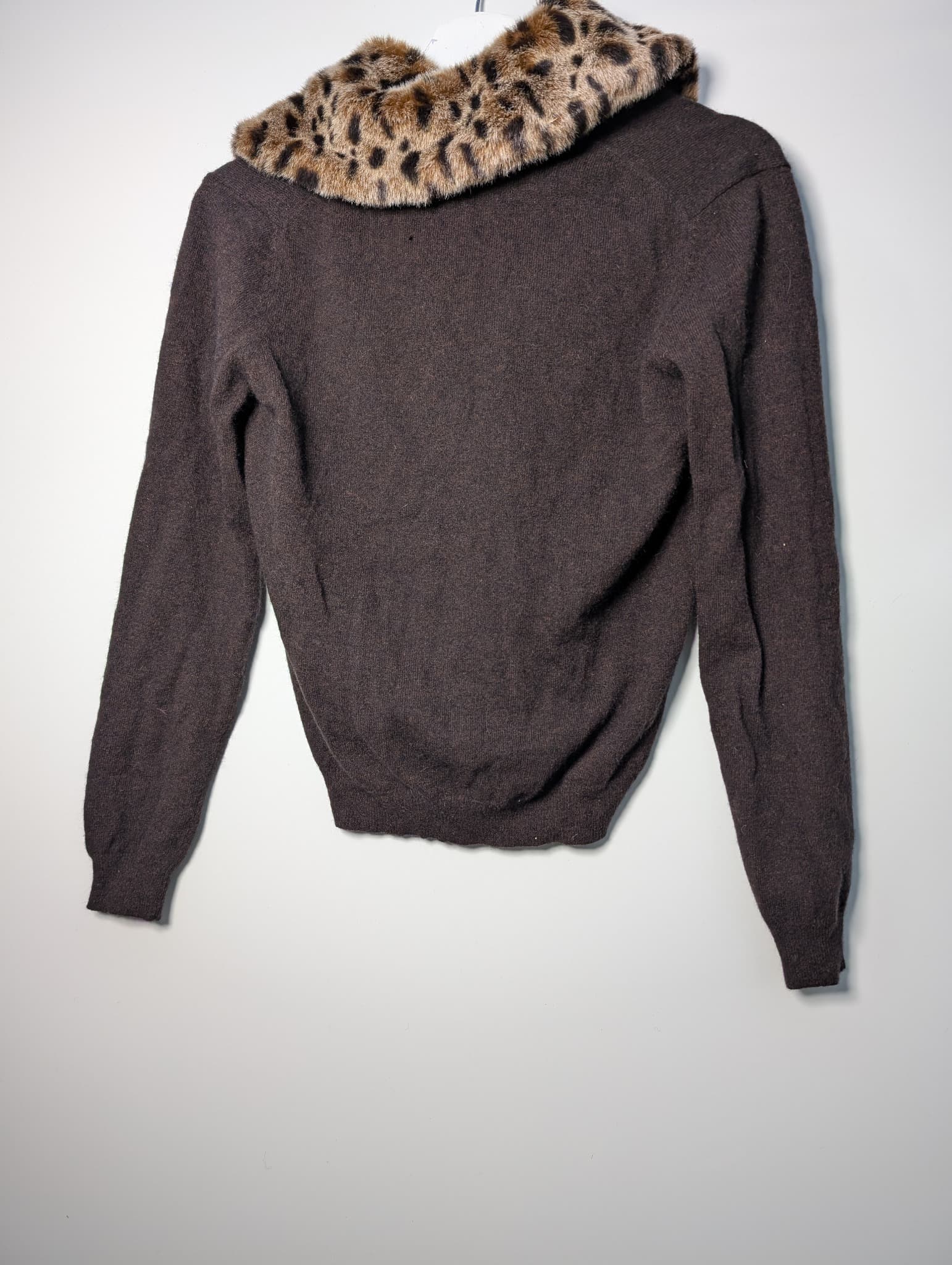 East Knit Cardigan Brown Leopard Print Faux Fur Collar Women's Size S — photo 4 of 9