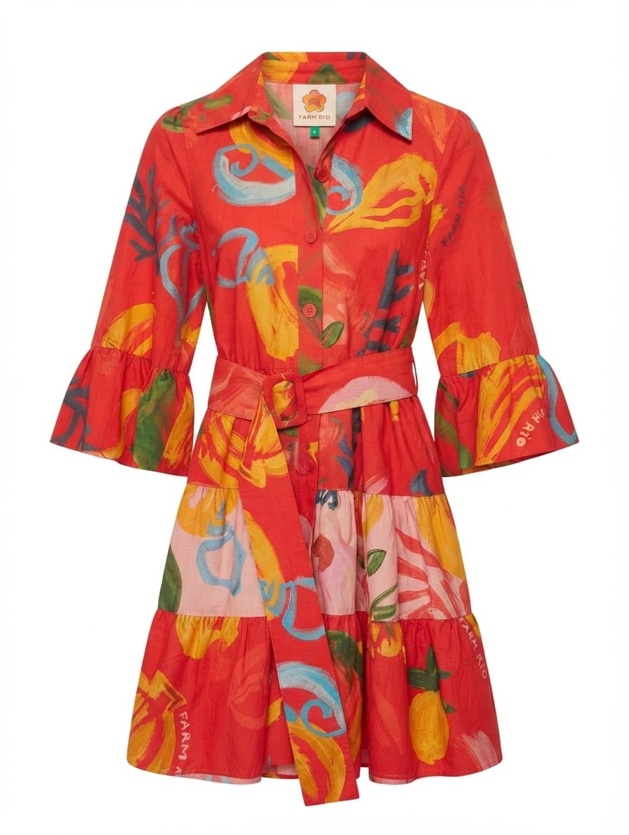 Farm Rio Tropical Fruit Print Mini Shirt Dress Red Size S — photo 1 of 10