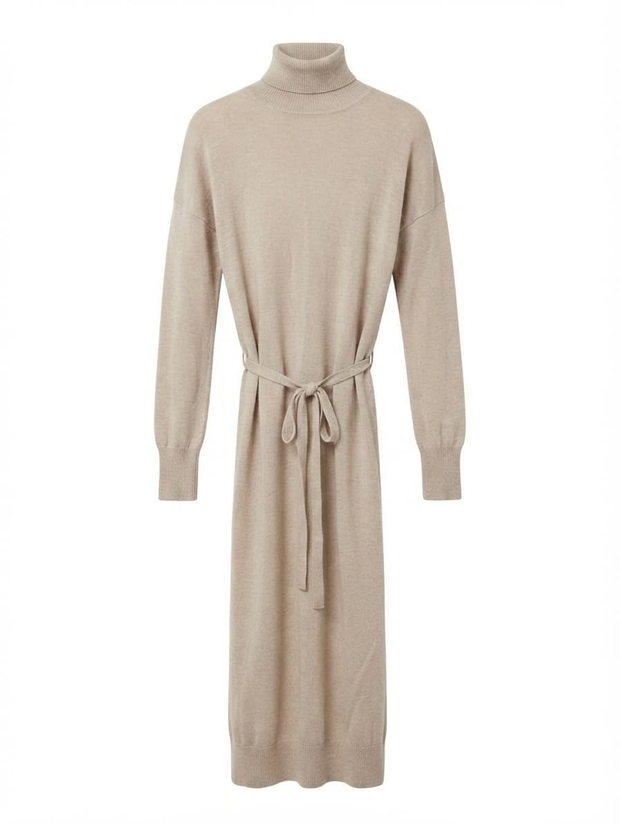 FAT Merino Wool Knit Turtleneck Midi Sweater Dress Beige Size 6 — photo 1 of 7