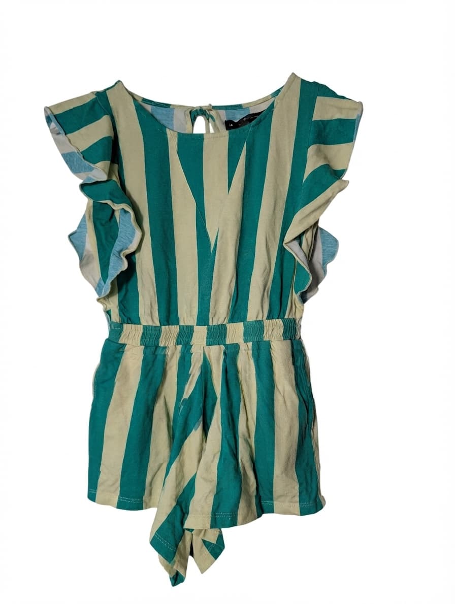 FEATHER/DRUM Striped Ruffle Sleeve Romper Teal & Cream Size 10 — photo 1 of 8