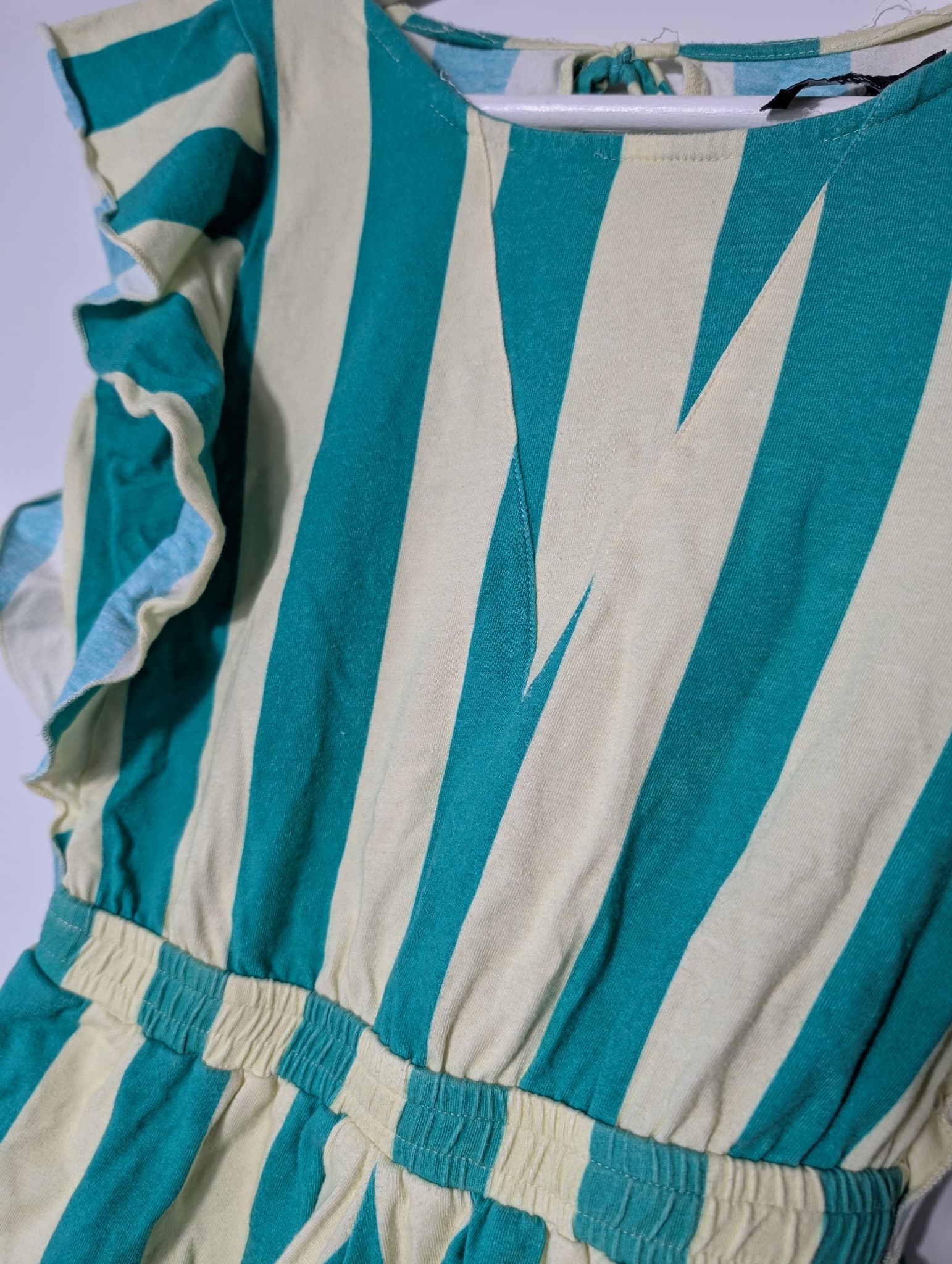 FEATHER/DRUM Striped Ruffle Sleeve Romper Teal & Cream Size 10 — photo 2 of 8