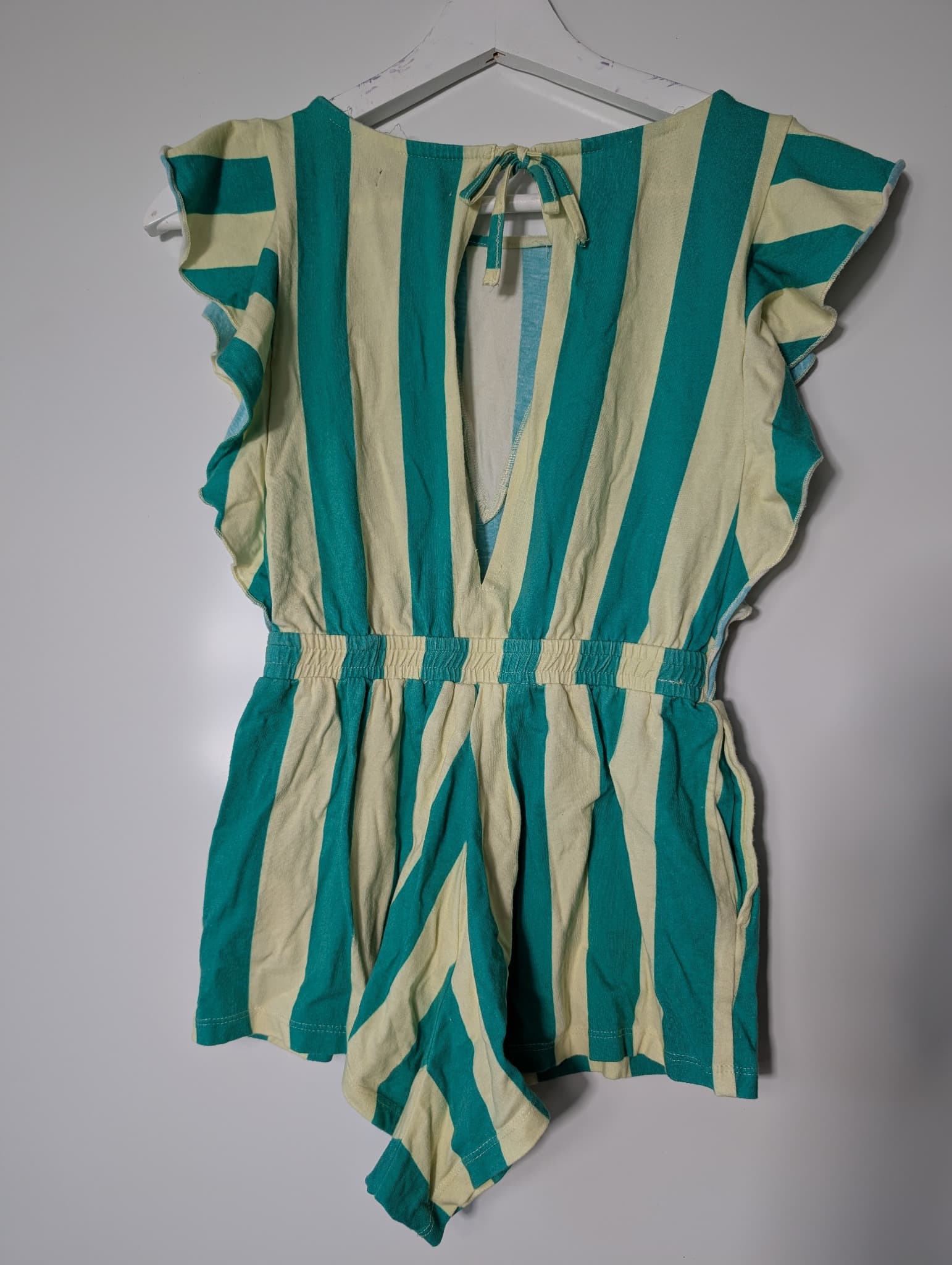 FEATHER/DRUM Striped Ruffle Sleeve Romper Teal & Cream Size 10 — photo 4 of 8