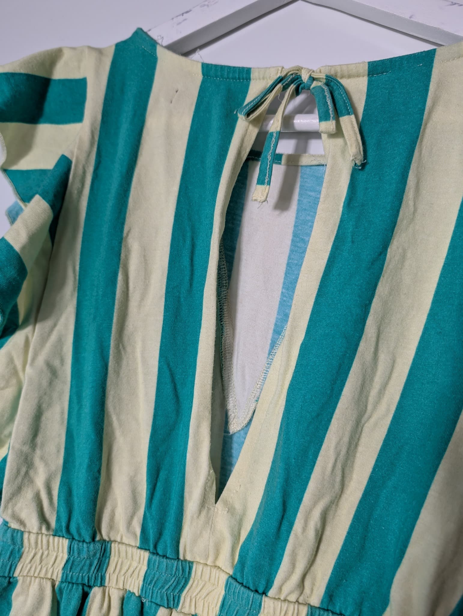 FEATHER/DRUM Striped Ruffle Sleeve Romper Teal & Cream Size 10 — photo 5 of 8