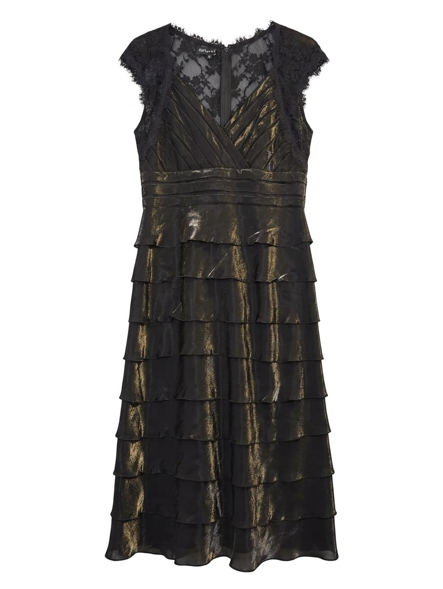 Flirt Prom Black and Gold Metallic Tiered Lace Dress - Size 16 — photo 1 of 8