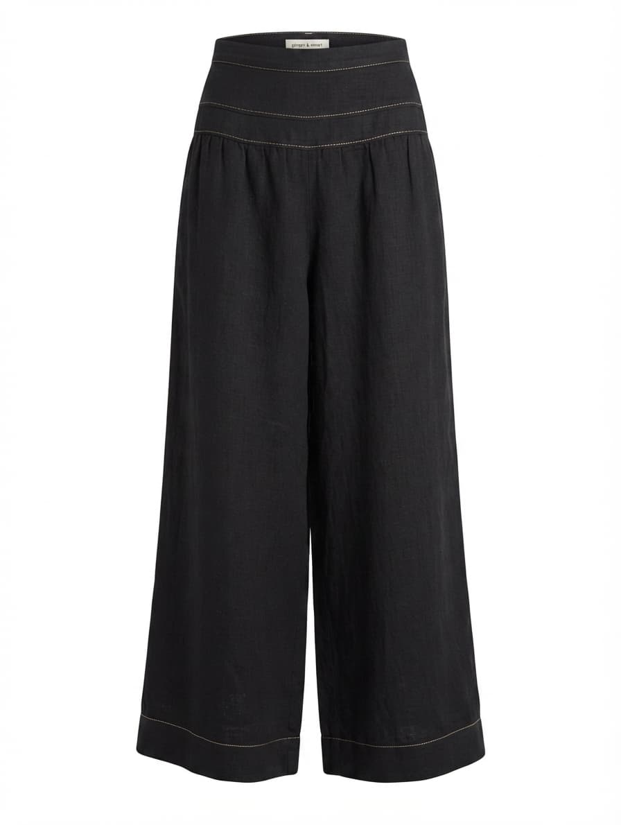Ginger & Smart Wide-Leg Linen Trousers Black Contrast Stitching Size 8 — photo 1 of 5