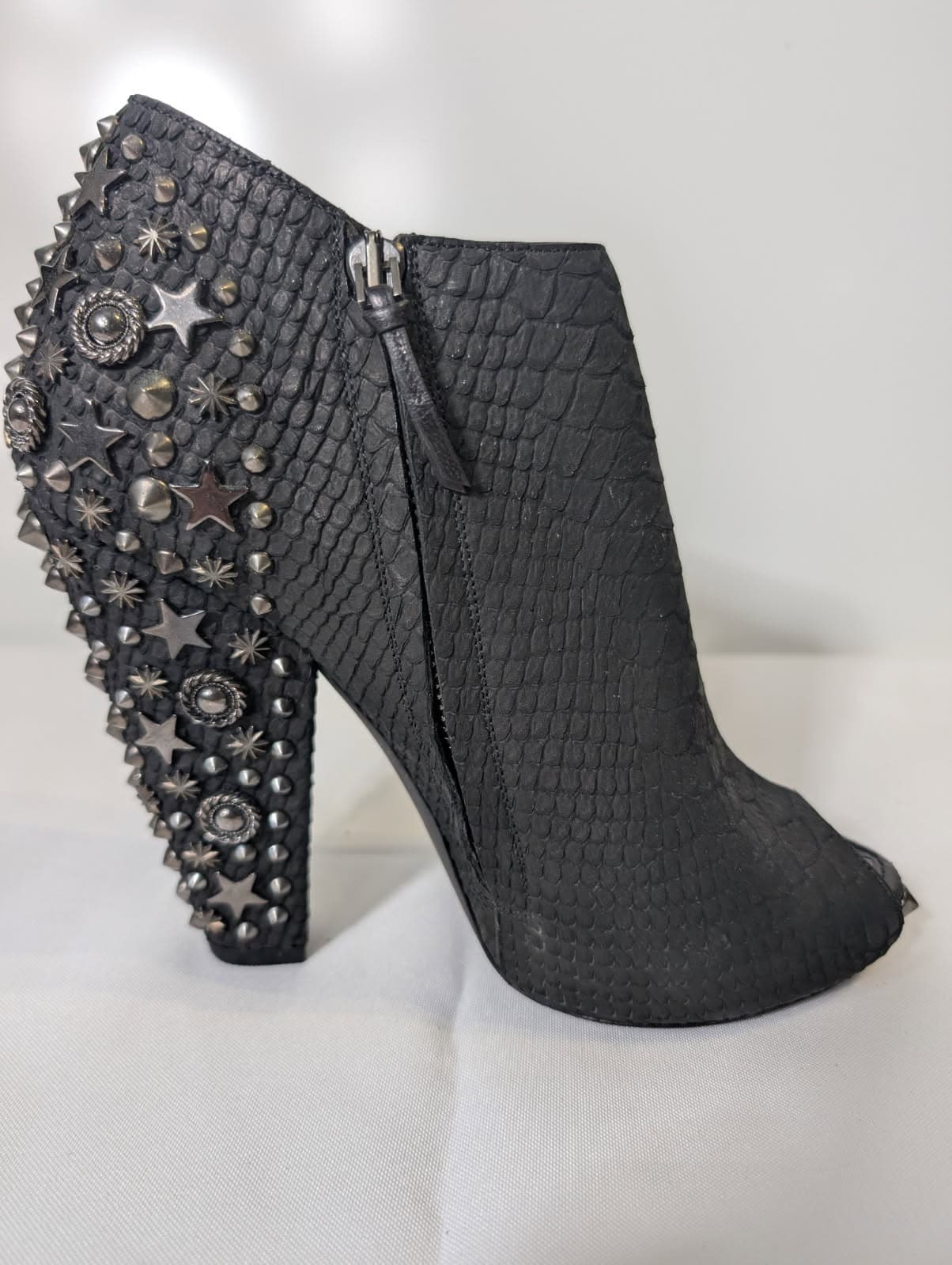 Givenchy Black Snakeskin Embossed Peep Toe Studded Ankle Boots — photo 4 of 8