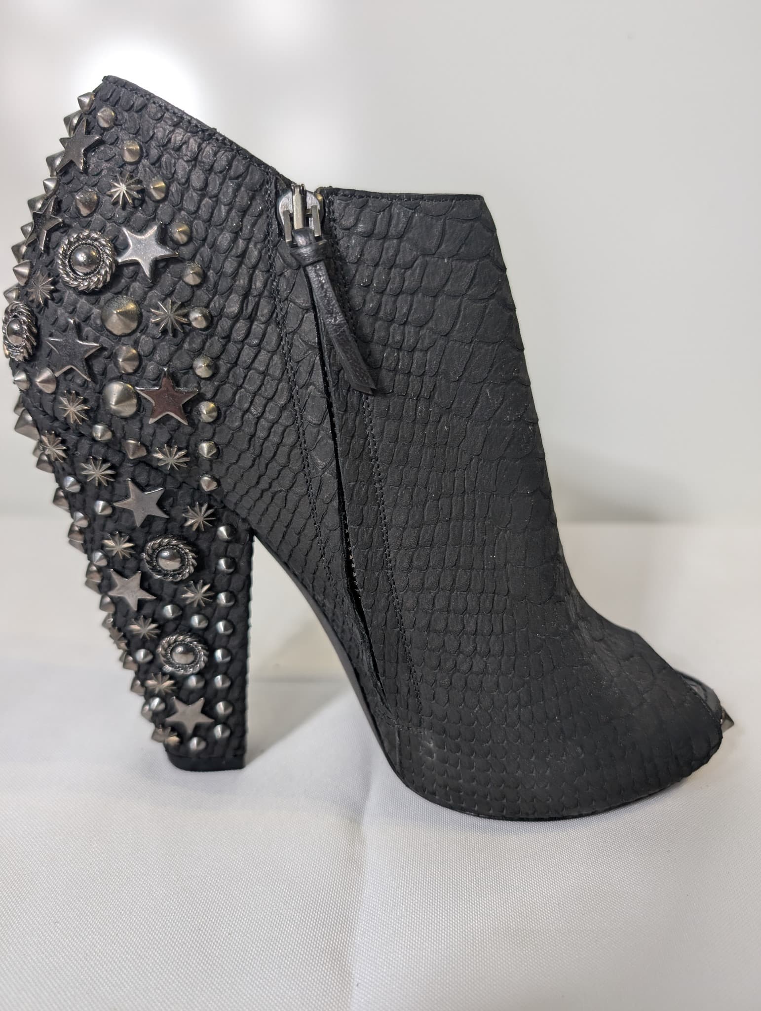 Givenchy Snakeskin Embossed Studded Peep Toe Ankle Boots Black — photo 4 of 8