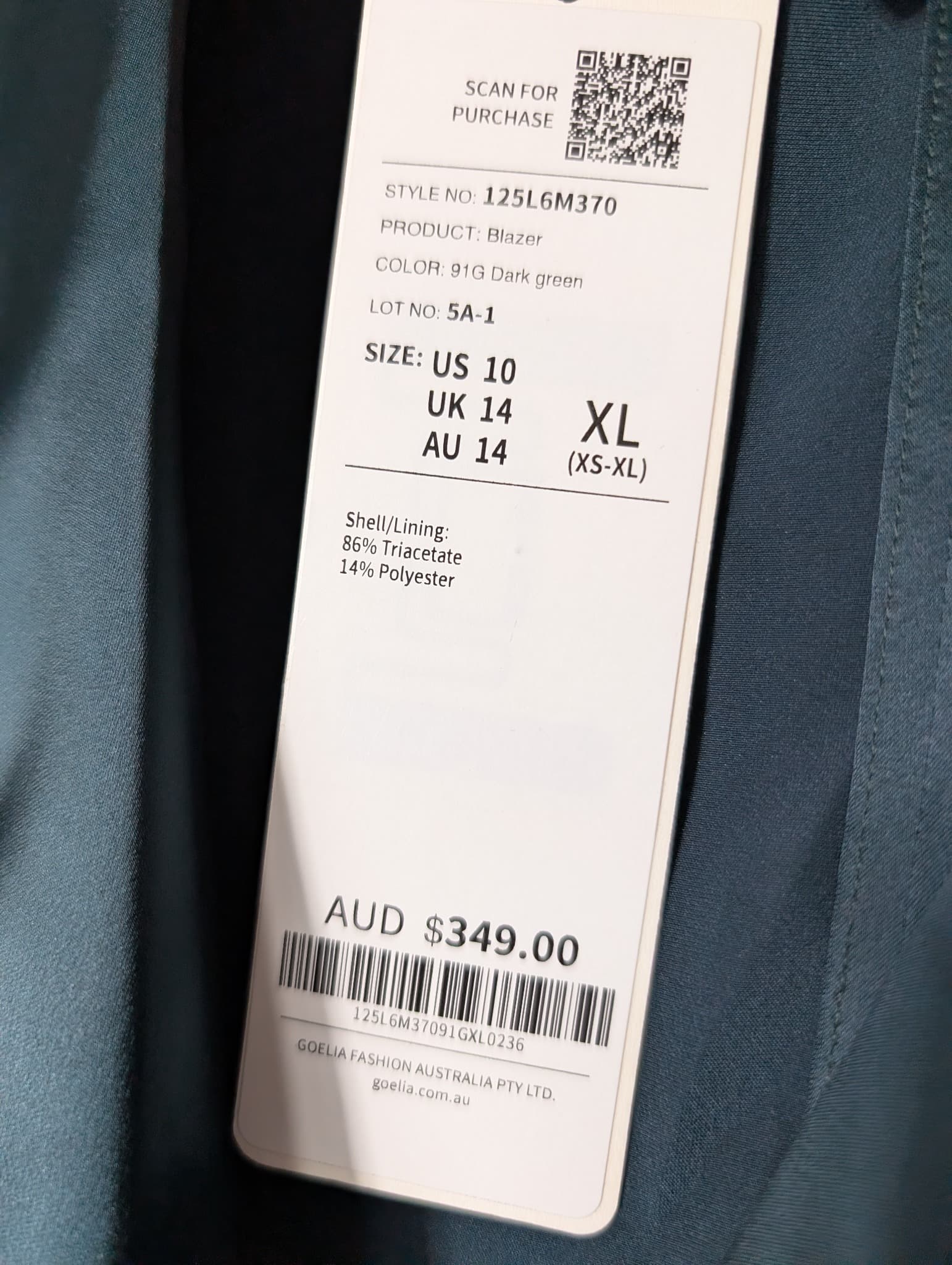 GOELIA Satin Blazer Dark Green Women's AU 14 — photo 6 of 10