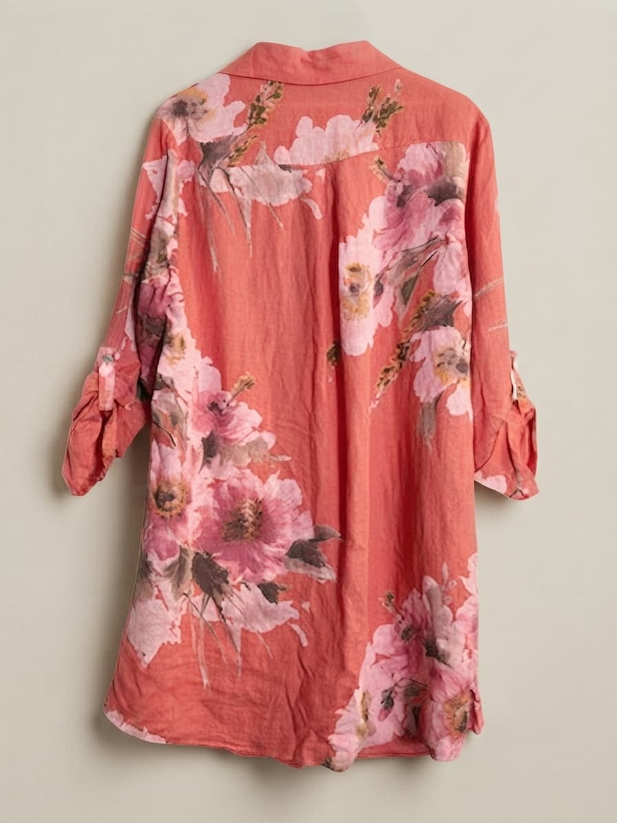 Guava Scotts Head Floral Tunic Shirt Coral 100% Linen Free Size — photo 2 of 4
