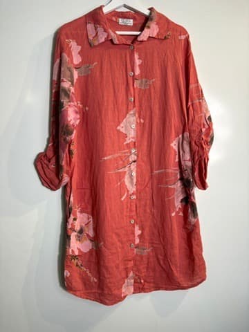 Guava Scotts Head Floral Tunic Shirt Coral 100% Linen Free Size — photo 1 of 4