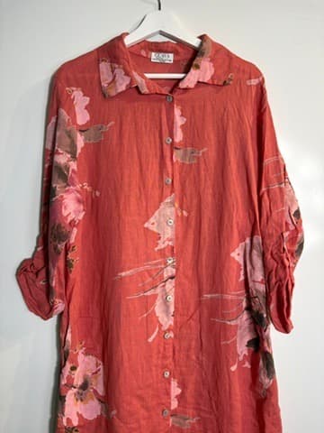 Guava Scotts Head Floral Tunic Shirt Coral 100% Linen Free Size — photo 4 of 4