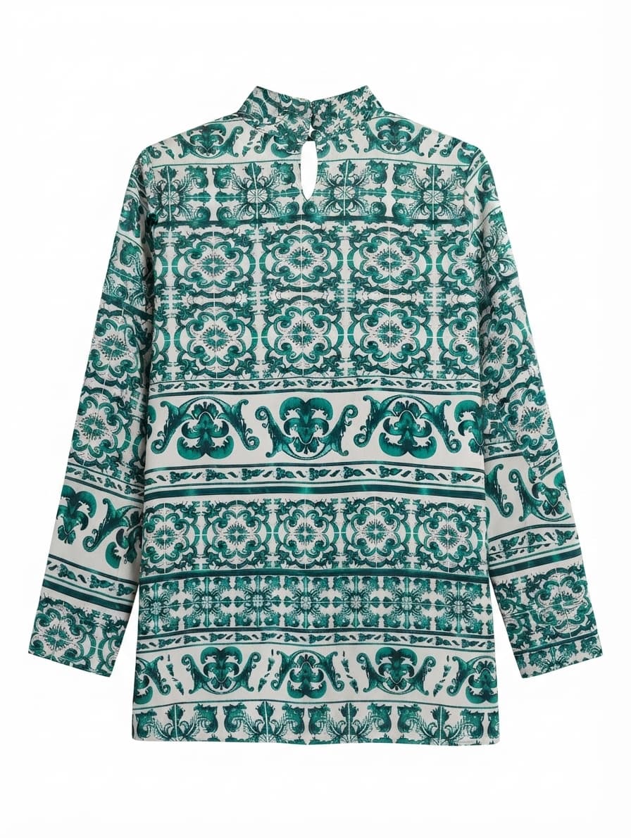 H&M Long Sleeve Blouse Green and White Tile Print US 6 — photo 1 of 7