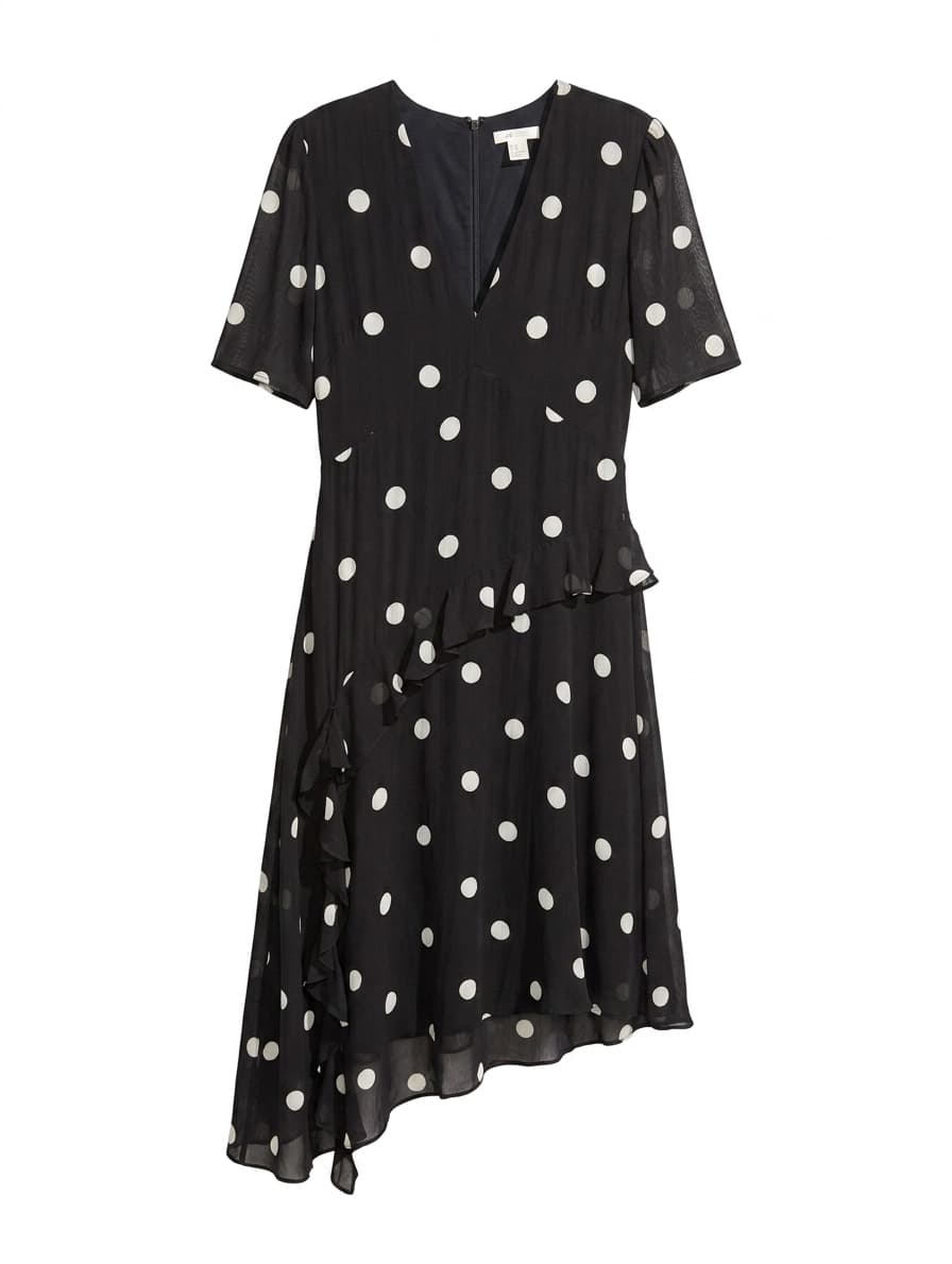 H&M Polka Dot Asymmetric Ruffle Midi Dress - Black & White — photo 1 of 7
