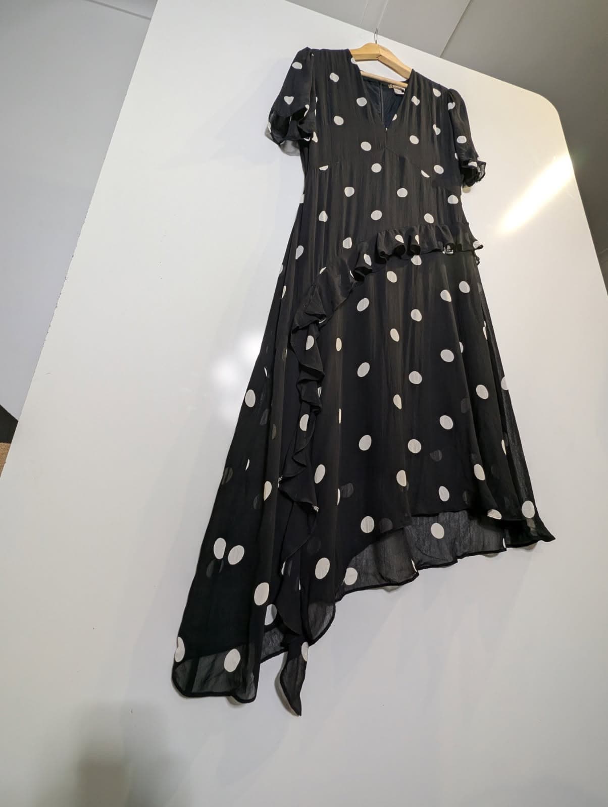 H&M Polka Dot Asymmetric Ruffle Midi Dress - Black & White — photo 5 of 7