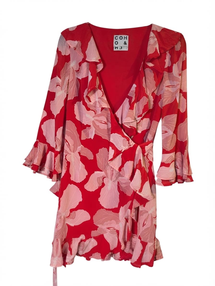 HANSEN&GRETEL Floral Ruffle Wrap Dress Red Pink Size S — photo 1 of 8