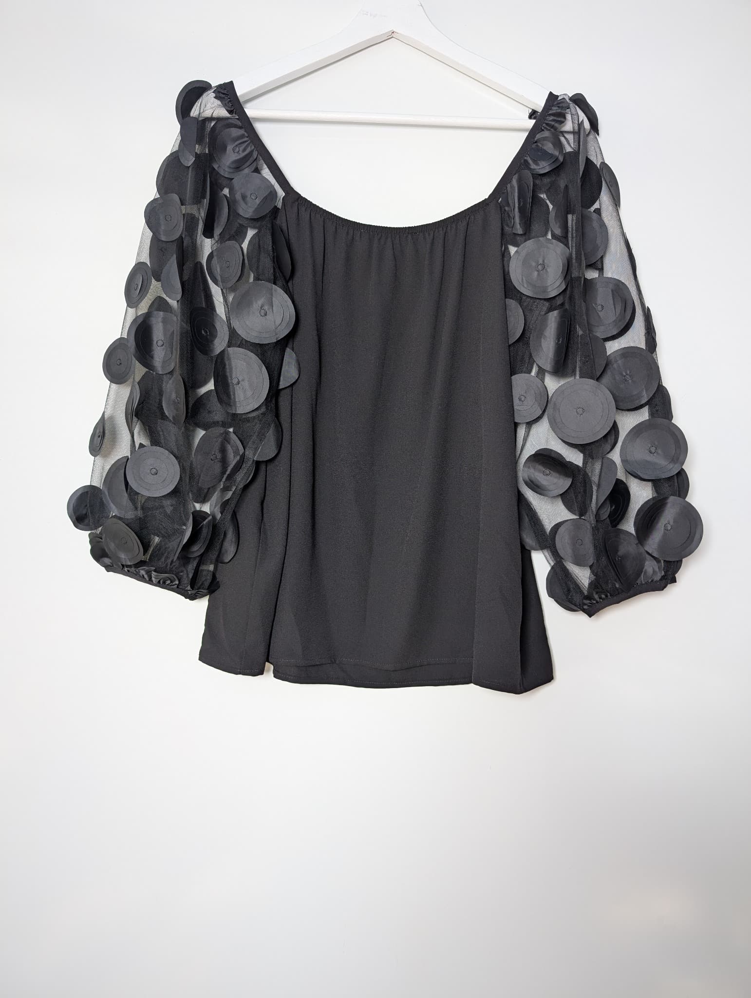 Joseph Ribkoff Black Blouse with Mesh Circle Applique Sleeves Size 14 — photo 4 of 7