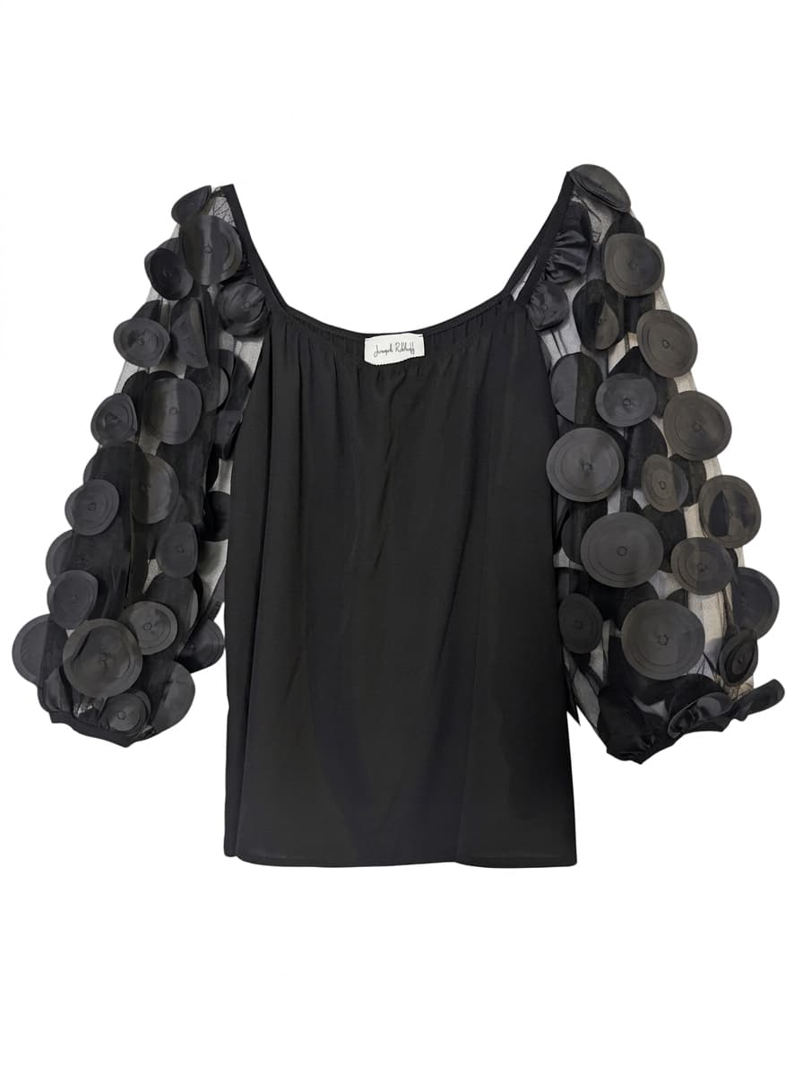 Joseph Ribkoff Black Mesh Sleeve Blouse with Circular Appliqué — photo 1 of 7