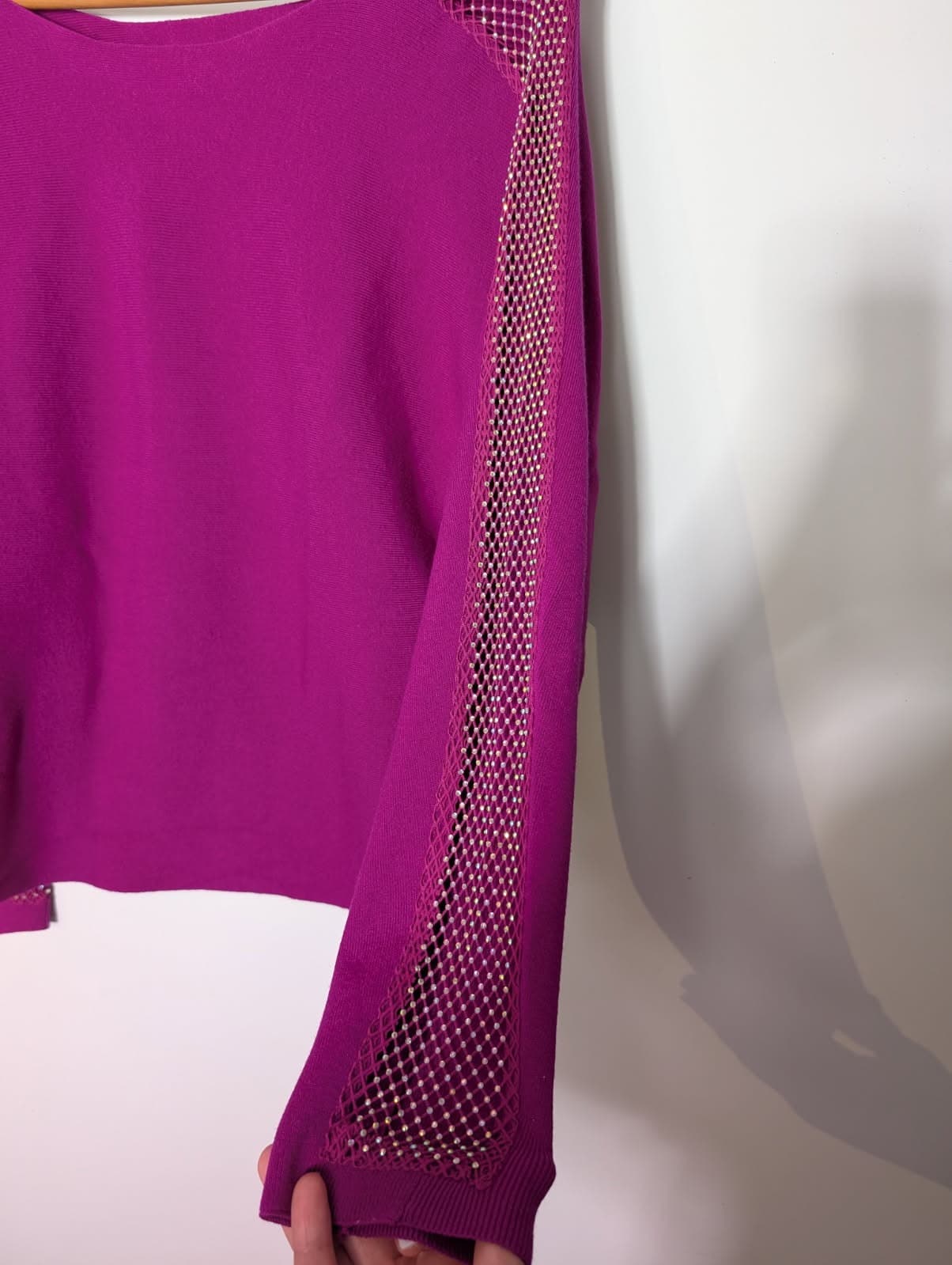 Joseph Ribkoff Magenta Rhinestone Mesh Sleeve Knit Sweater — photo 2 of 6