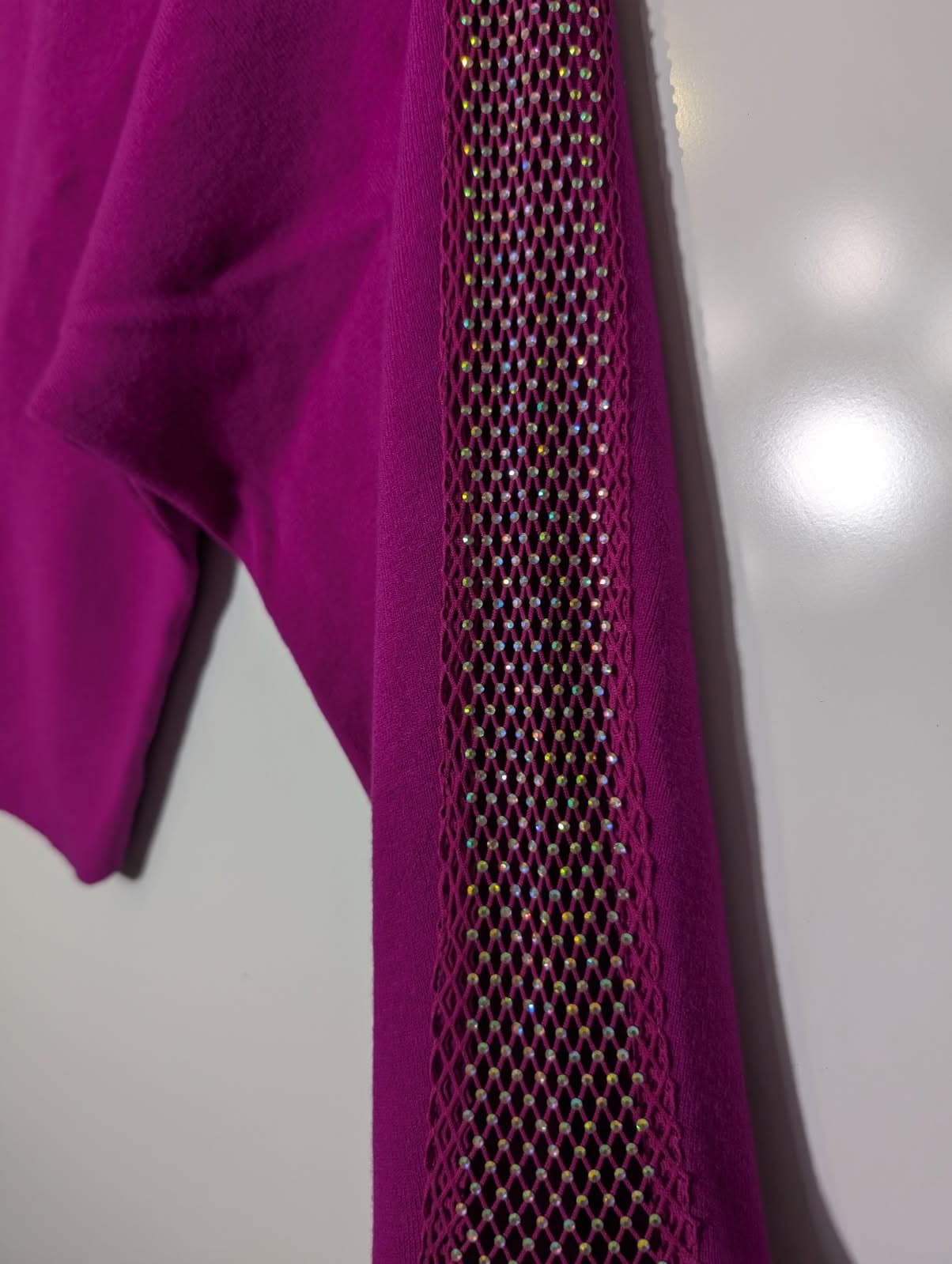 Joseph Ribkoff Magenta Rhinestone Mesh Sleeve Knit Sweater — photo 3 of 6