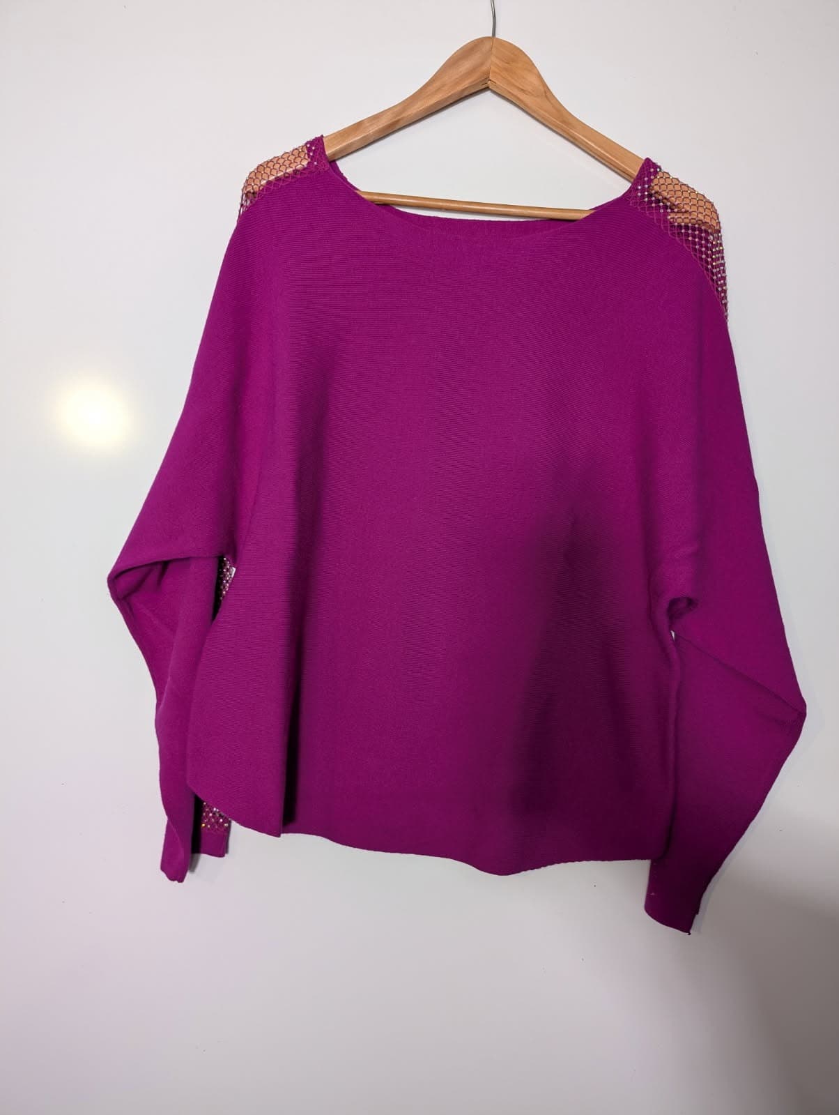 Joseph Ribkoff Magenta Rhinestone Mesh Sleeve Knit Sweater — photo 4 of 6