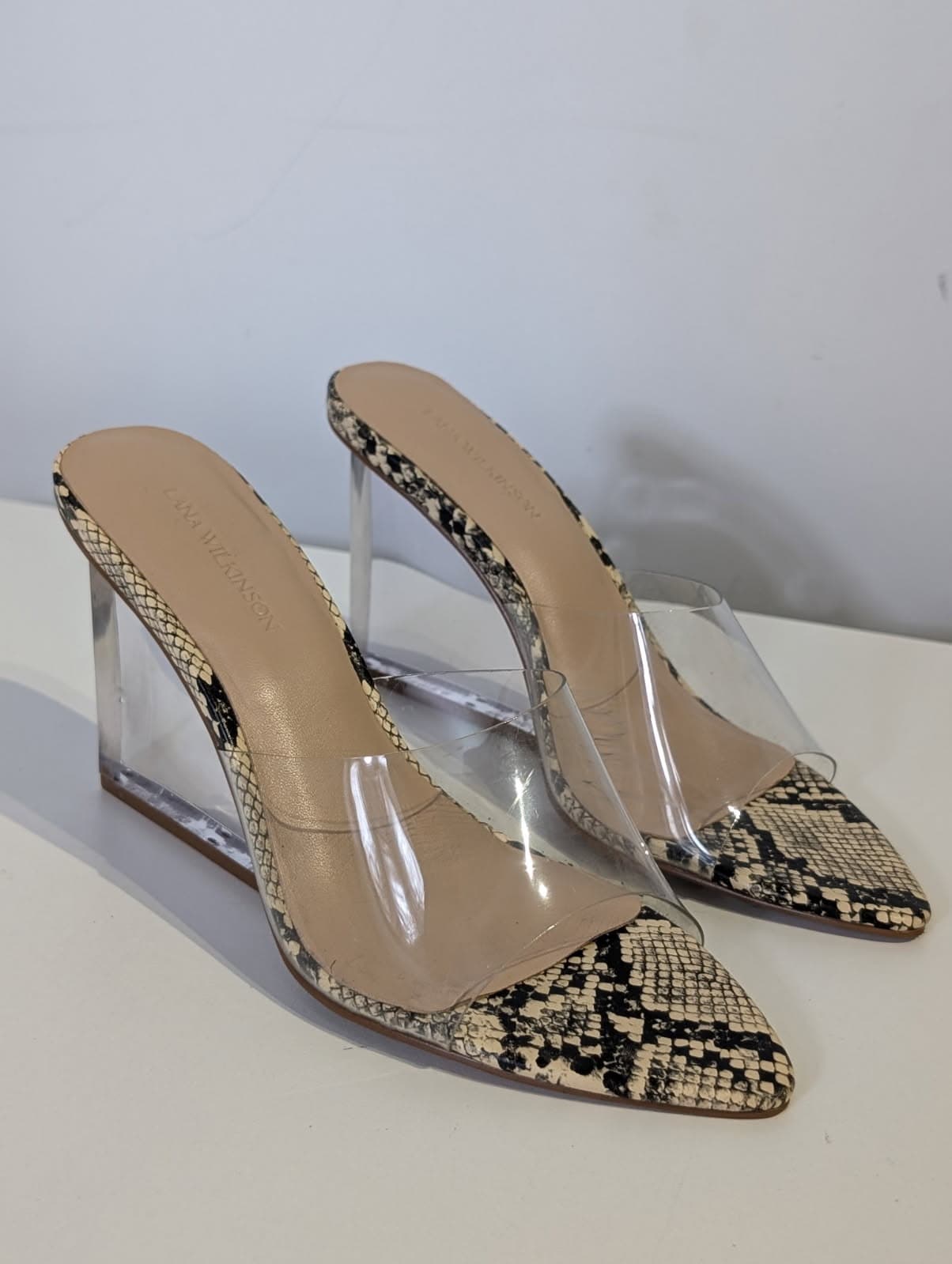 Lana Wilkinson Snakeskin Print Clear Strap Mules — photo 1 of 6