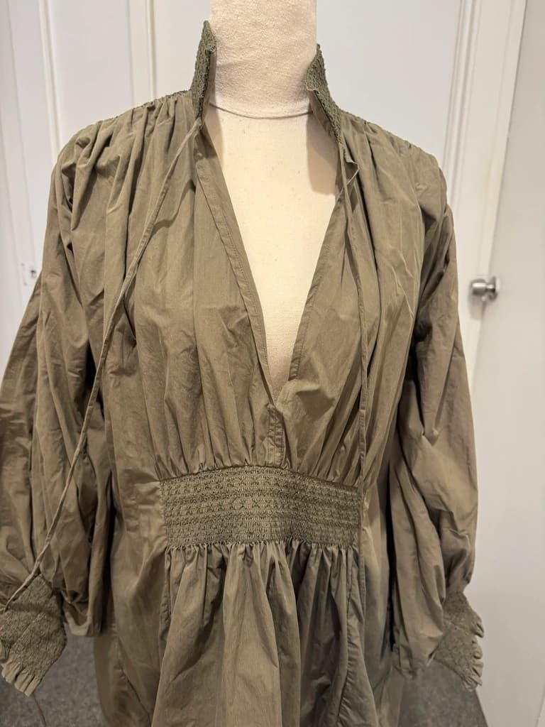 Lee Mathews Olive Green Smocked Waist Midi Dress — photo 5 of 8
