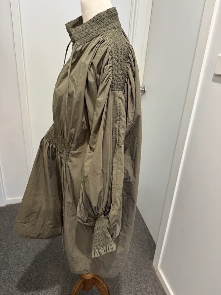 Lee Mathews Olive Green Smocked Waist Midi Dress — photo 7 of 8