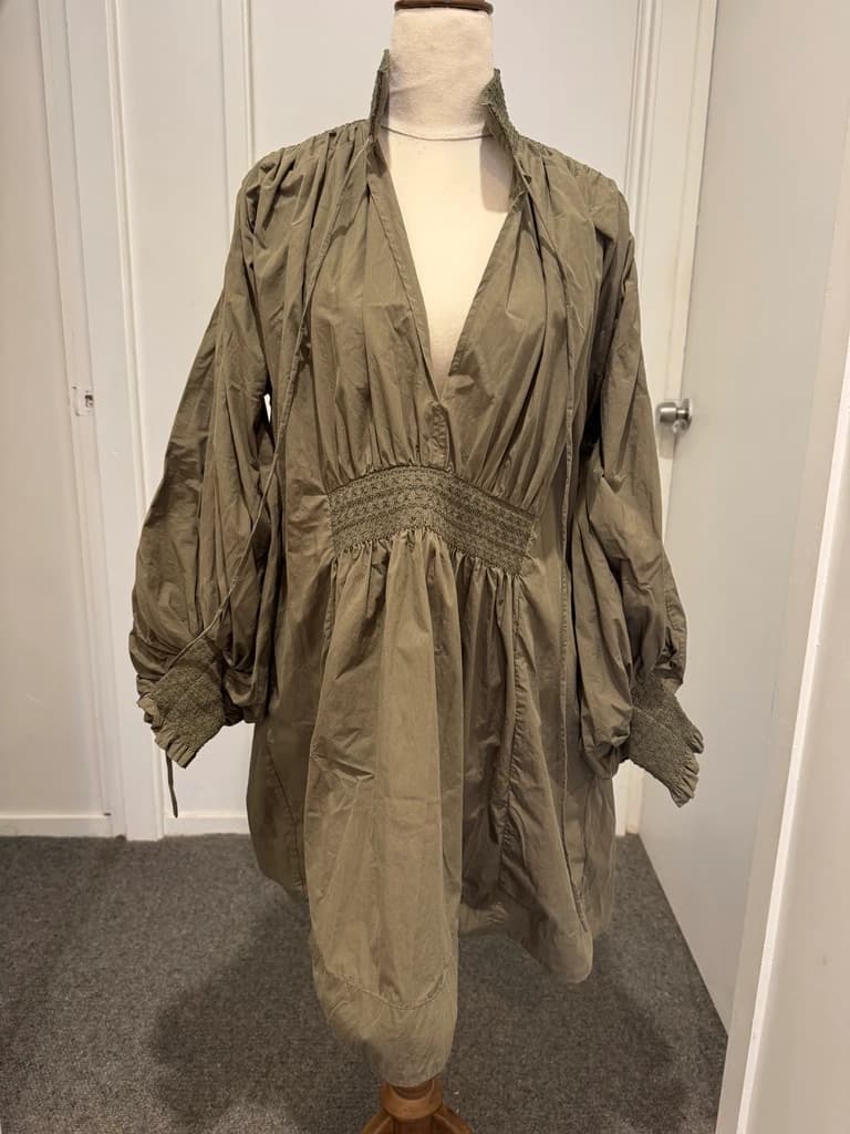 Lee Mathews Olive Green Smocked Waist Midi Dress — photo 1 of 8