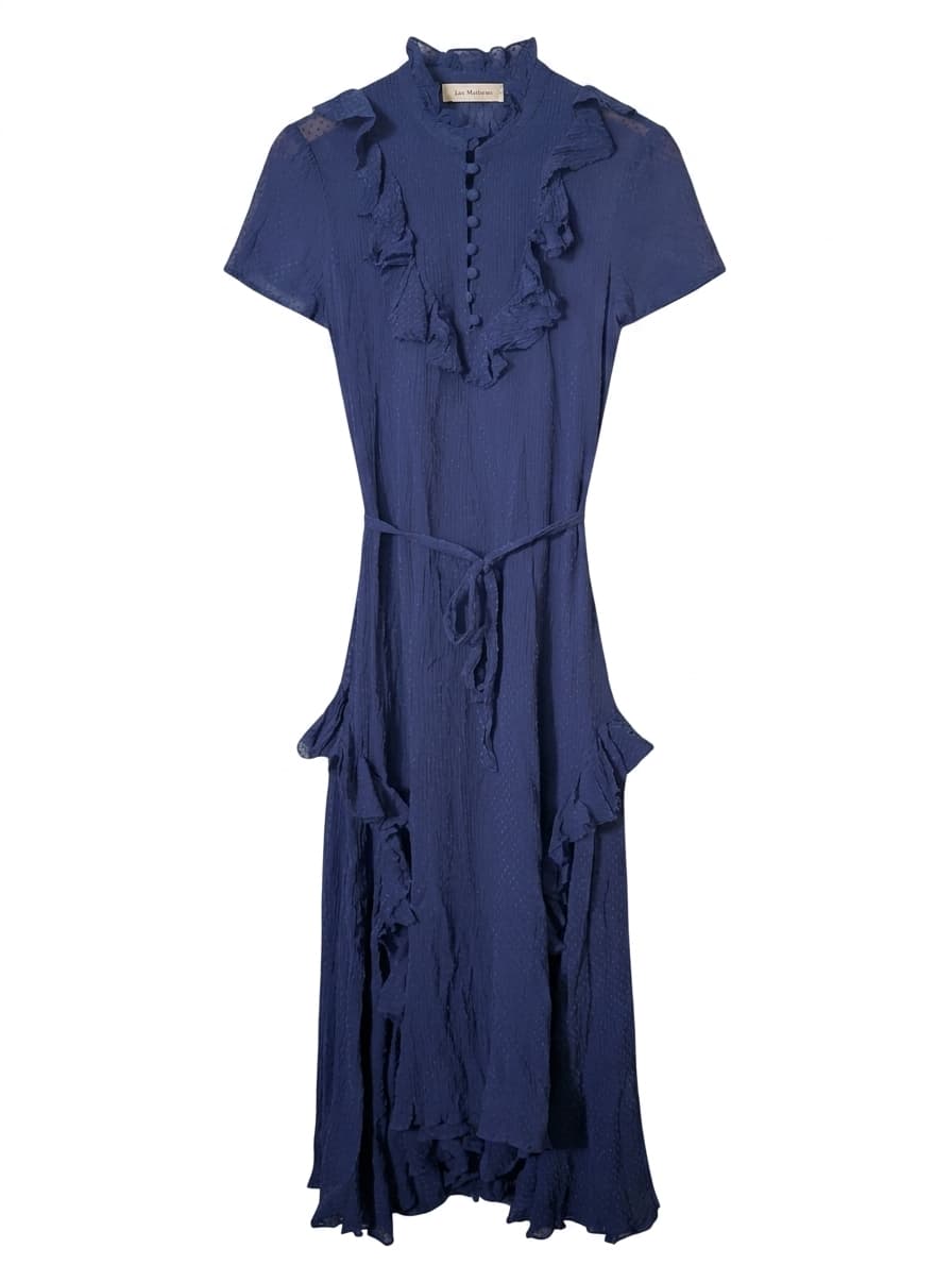 Lee Mathews Silk Swiss Dot Ruffle Midi Dress - Blue — photo 1 of 4